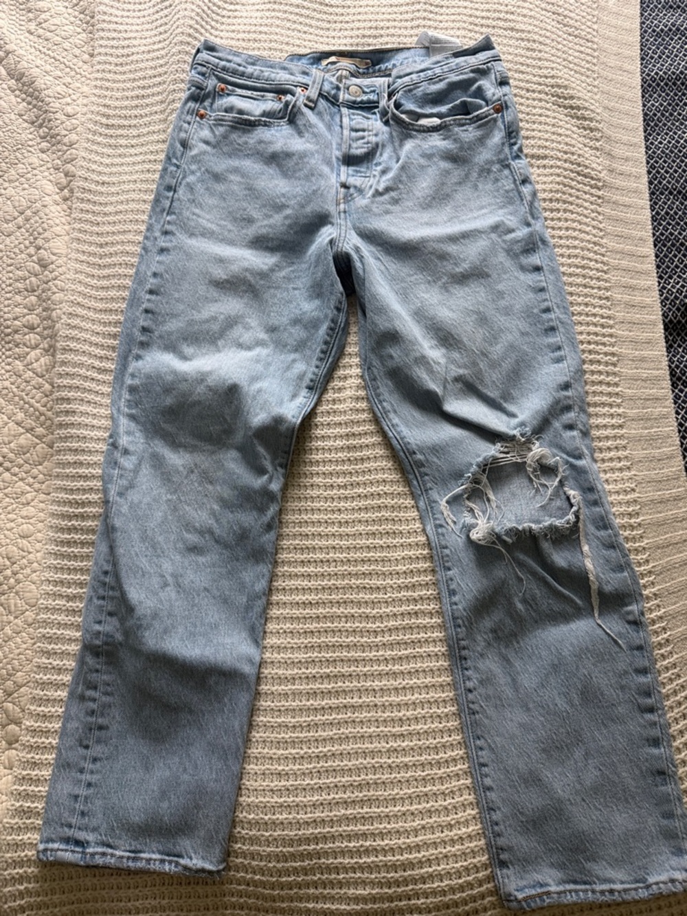Light Blue Distressed Straight-Leg Jeans